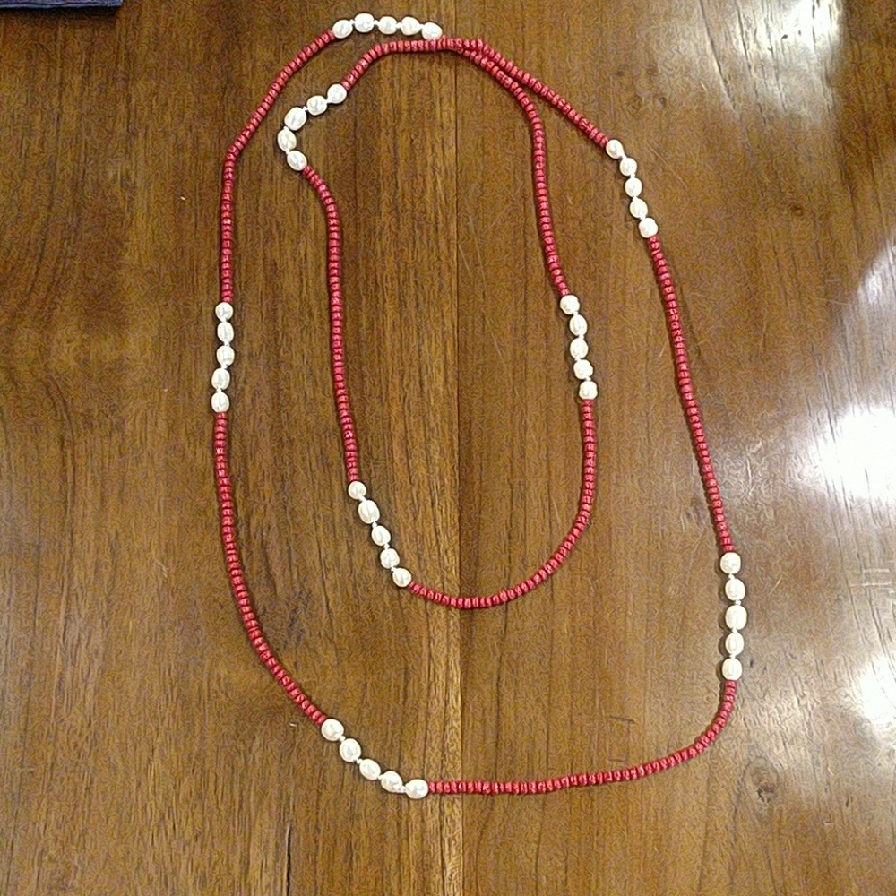 Natural perl and red glass bead long necklace